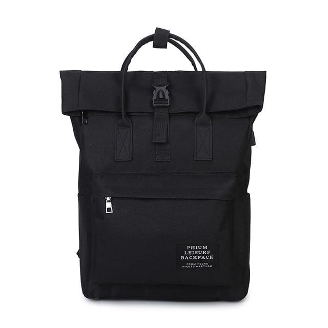 Backpack canvas rucksack women external USB charge - Black - backpack