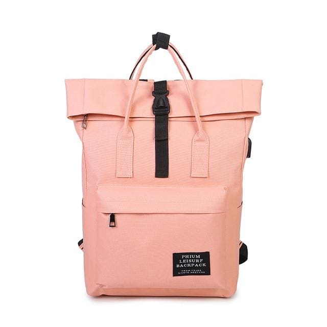 Backpack canvas rucksack women external USB charge - Pink - backpack