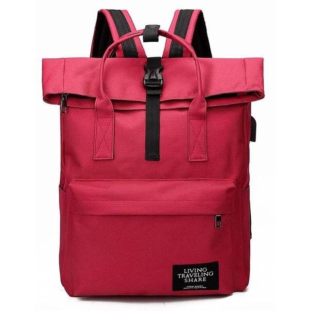 Backpack canvas rucksack women external USB charge - Red - backpack