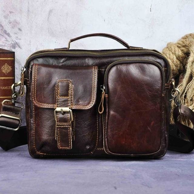 Male shoulder messenger bag cowhide - coffee - Men_Briefcase
