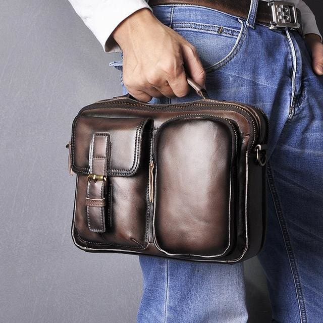 Male shoulder messenger bag cowhide - dark coffee - Men_Briefcase