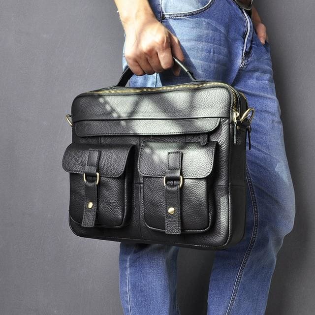 Men real leather antique style coffee briefcase - black