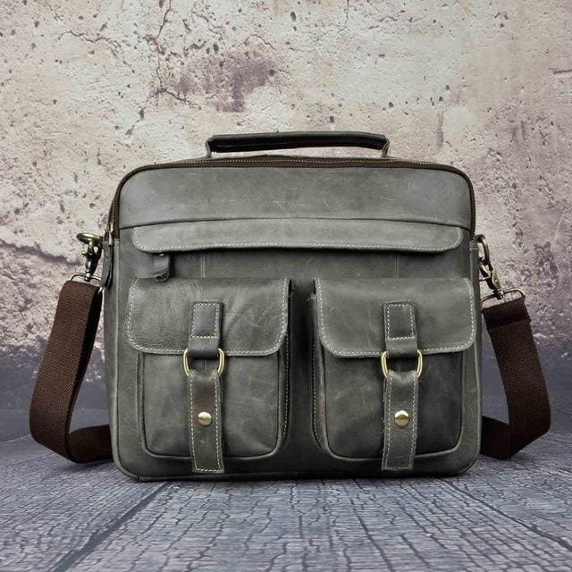 Men real leather antique style coffee briefcase - grey