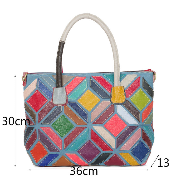 Quality Leather Women Casual Patchwork Geometric Design