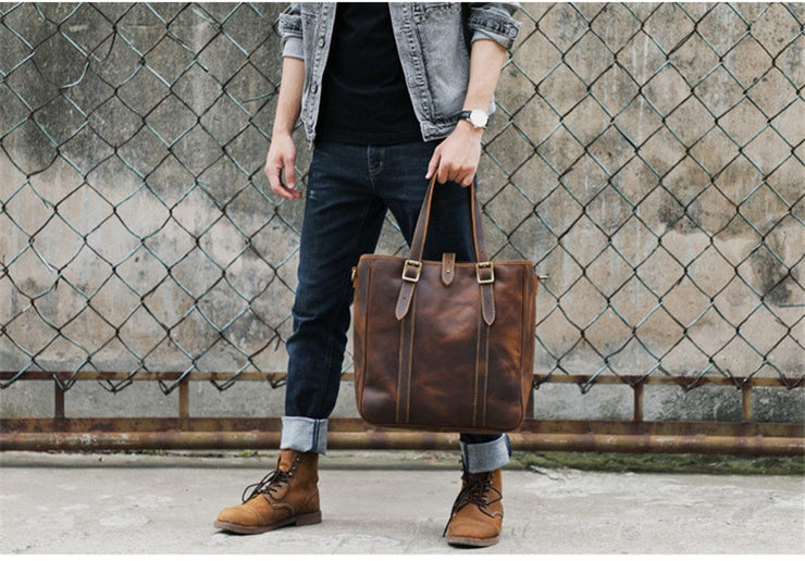 Vintage large-capacity crazy horse cowhide men's tote bag