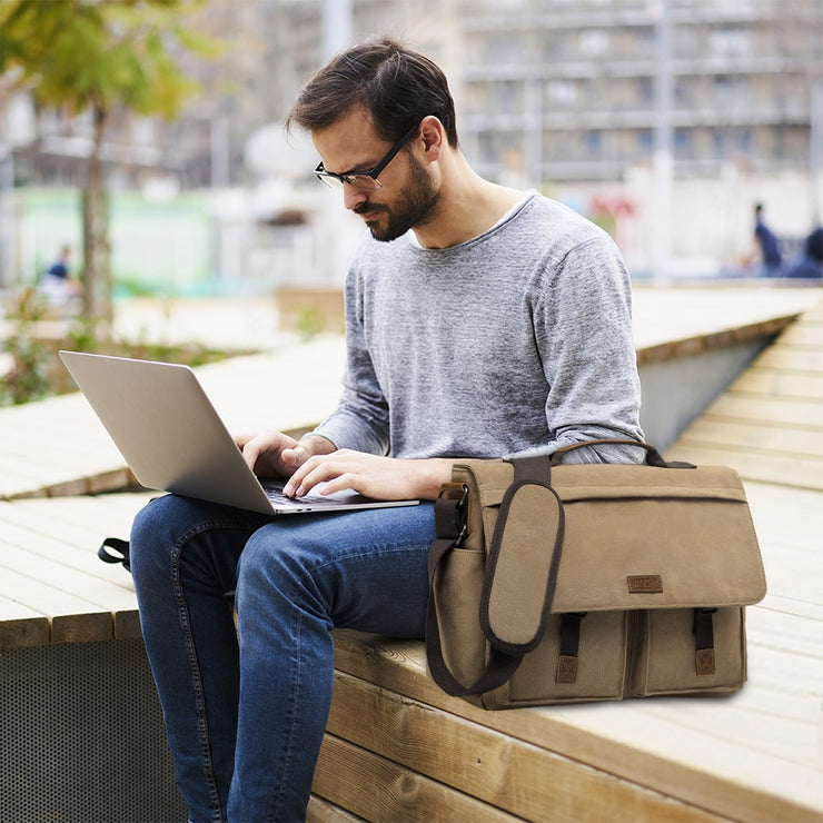 Messenger Bag for Men Vintage Water Resistant Waxed Canvas 15.6 inch Laptop